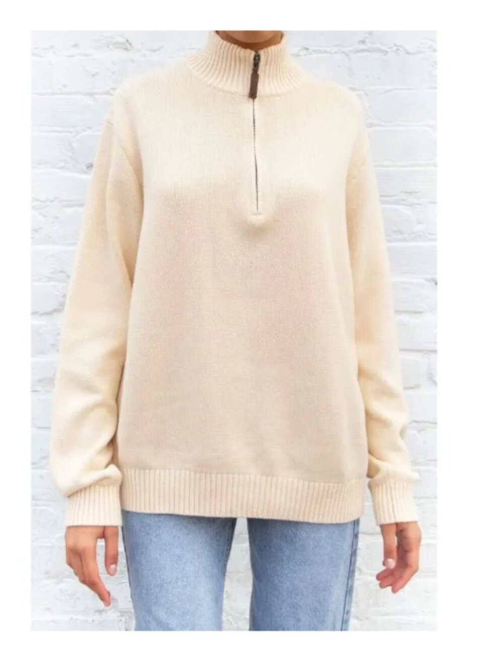 BRANDY MELVILLE Aleah Sweater Womens One Size Cream 1/4 Zip Mockneck Oversized